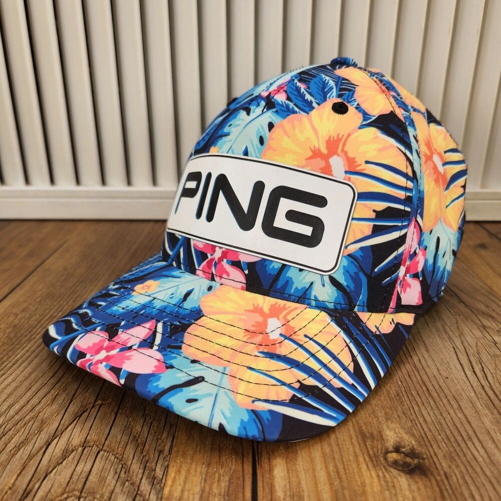 PING Tour Paradaiso Snapback Hat Tropical Floral Hibiscus Blue Yellow Golf Hat